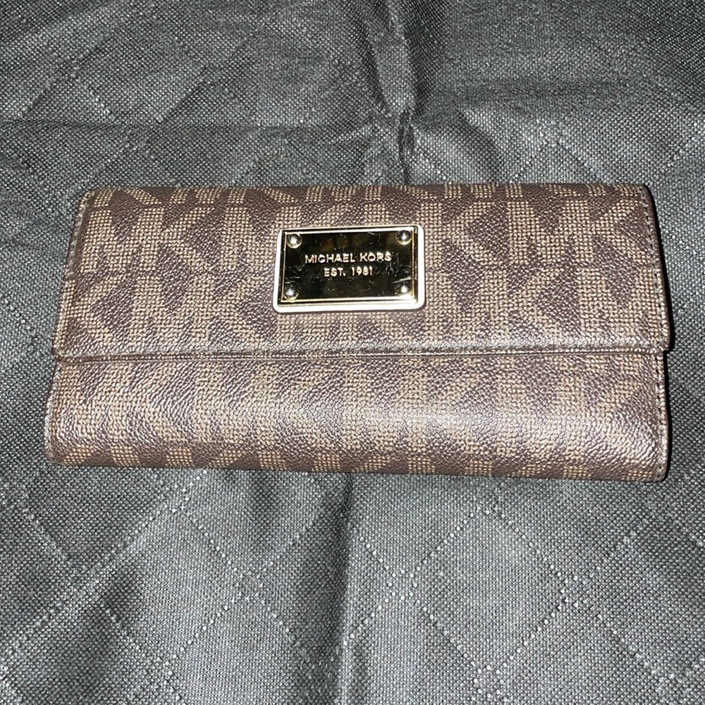 Michael Kors brown and tan wallet with checkbook insert